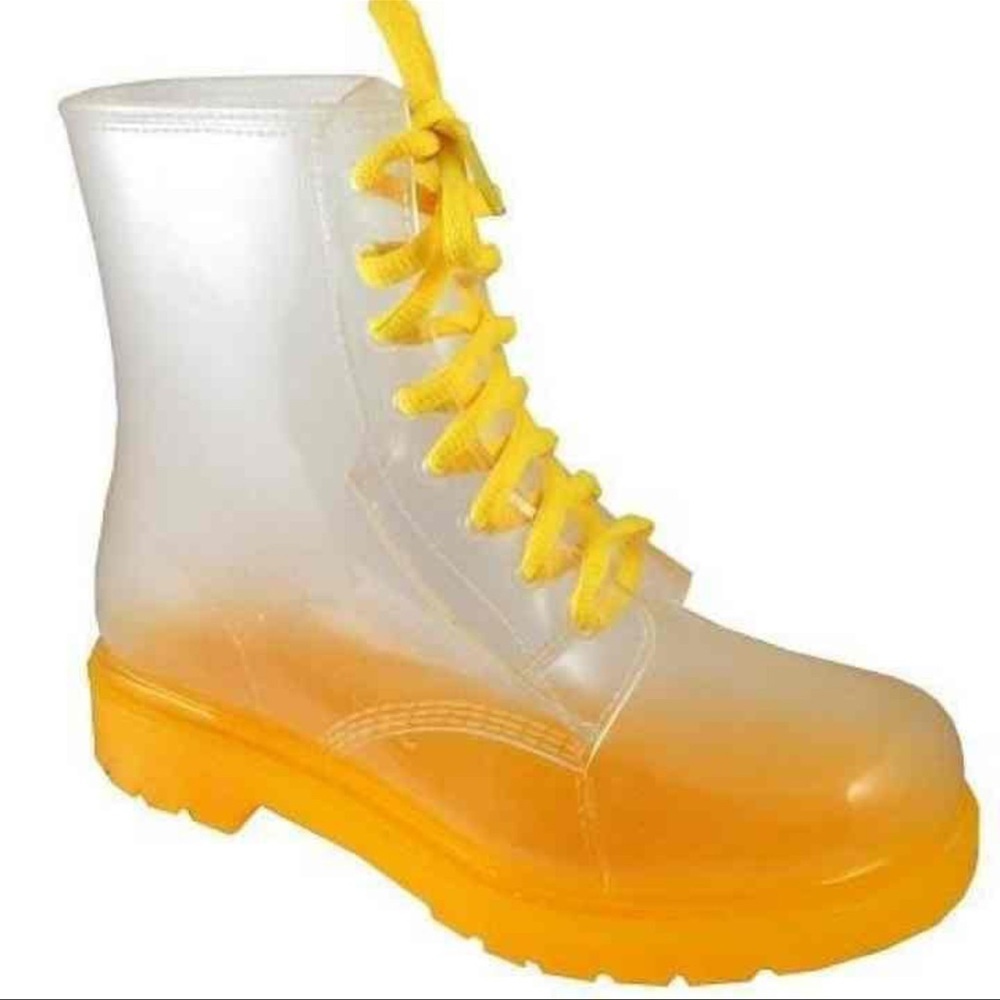 Women’s yellow clear lace up combat rain boots brand new in box sizes 5.5-10‎